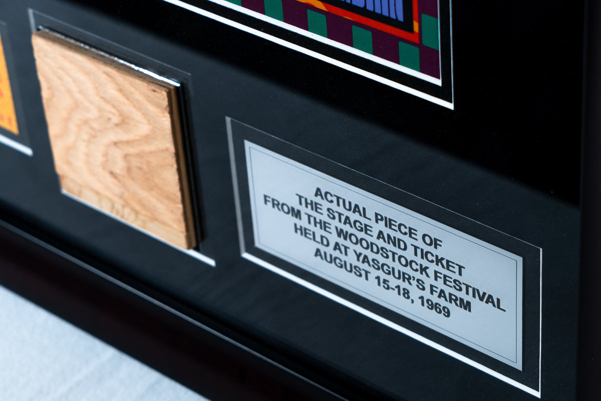 Limited Edition SIGNED David Byrd Poster Frame with Piece of 1969 Woodstock Stage and Original Ticket