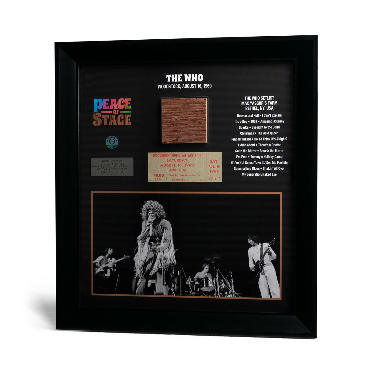 Limited Edition Jimi Hendrix Frame with Piece of 1969 Woodstock Stage and Original Ticket