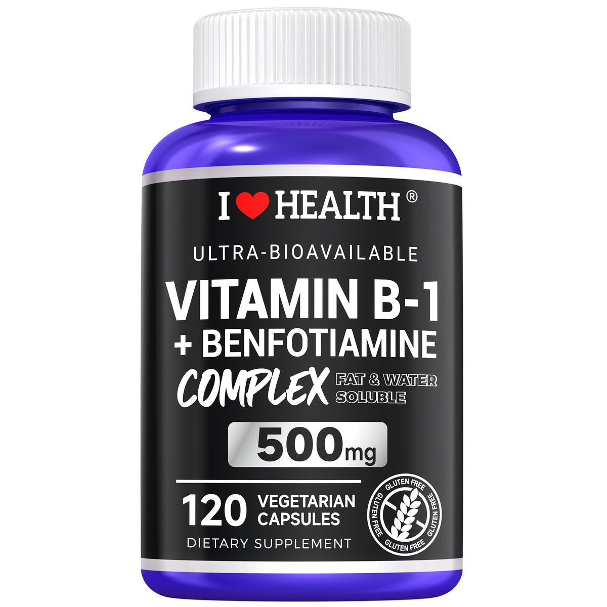 I Love Health Vitamin B1 500mg with Benfotiamine 20mg, 120 Capsules – 2 in 1 B-1 Complex Enhanced Formula – Fat & Water Soluble Thiamine B1 Supplement – Third Party Lab Tested, Non-GMO, No Gluten, MADE In USA