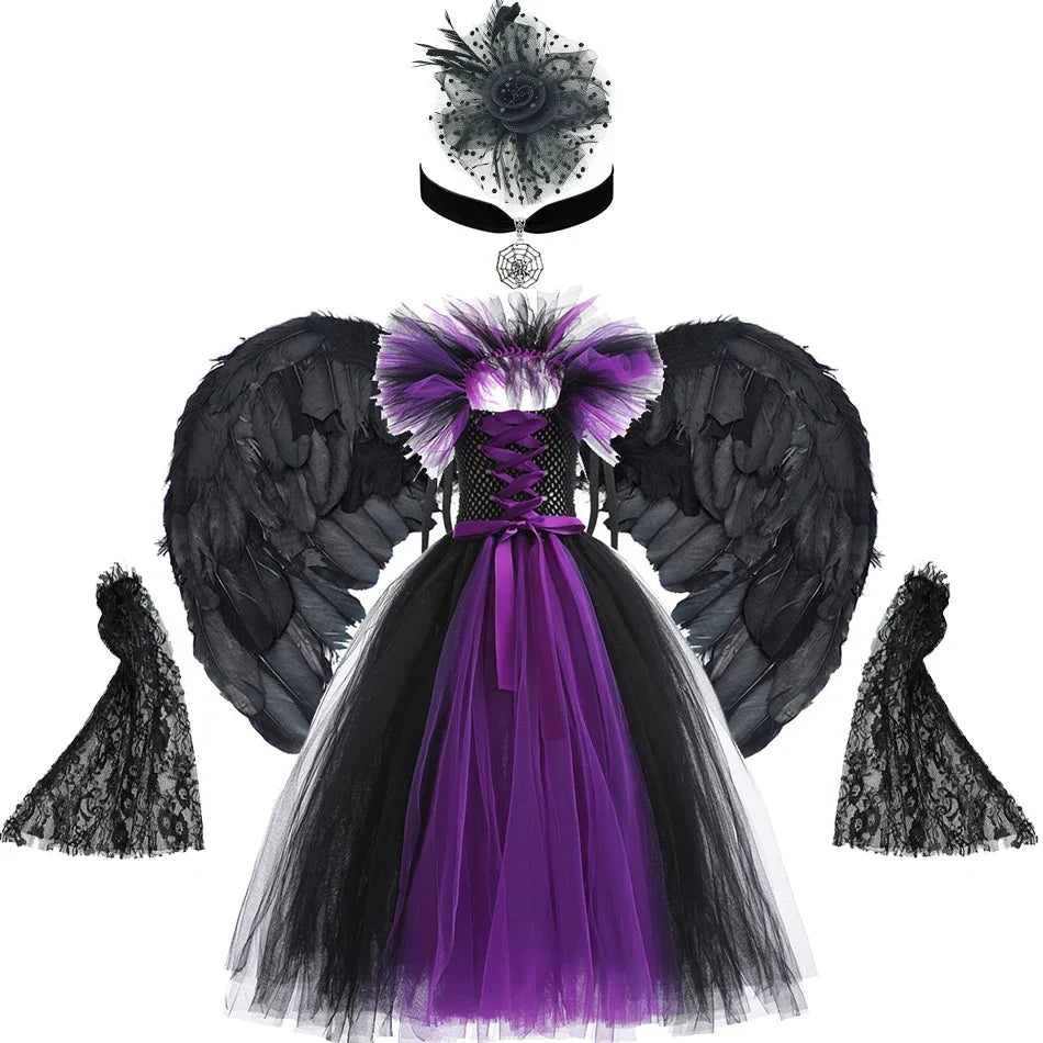 Maleficent Neck Dress Girls Halloween Theme Cosplay Costume Handmade Woven Tulle Dress Evil Role Playing Outfits Luxury Gown