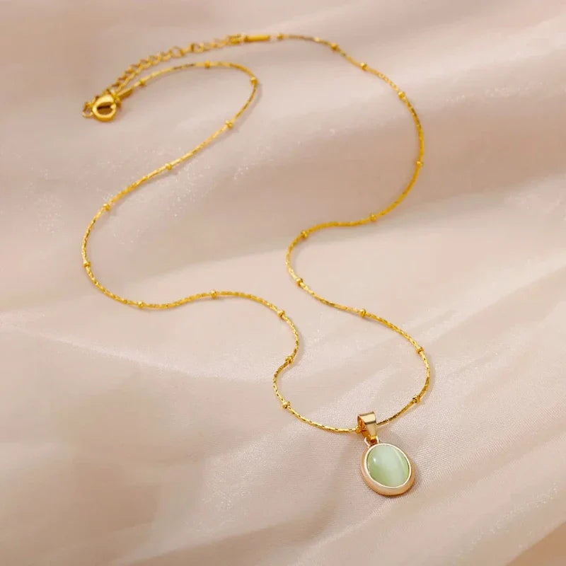 Fashion Stone Opal Oval Necklace For Women Stainless Steel Gold Color Oval Stone Pendant Necklace Wedding Aesthetic Jewelry Gift