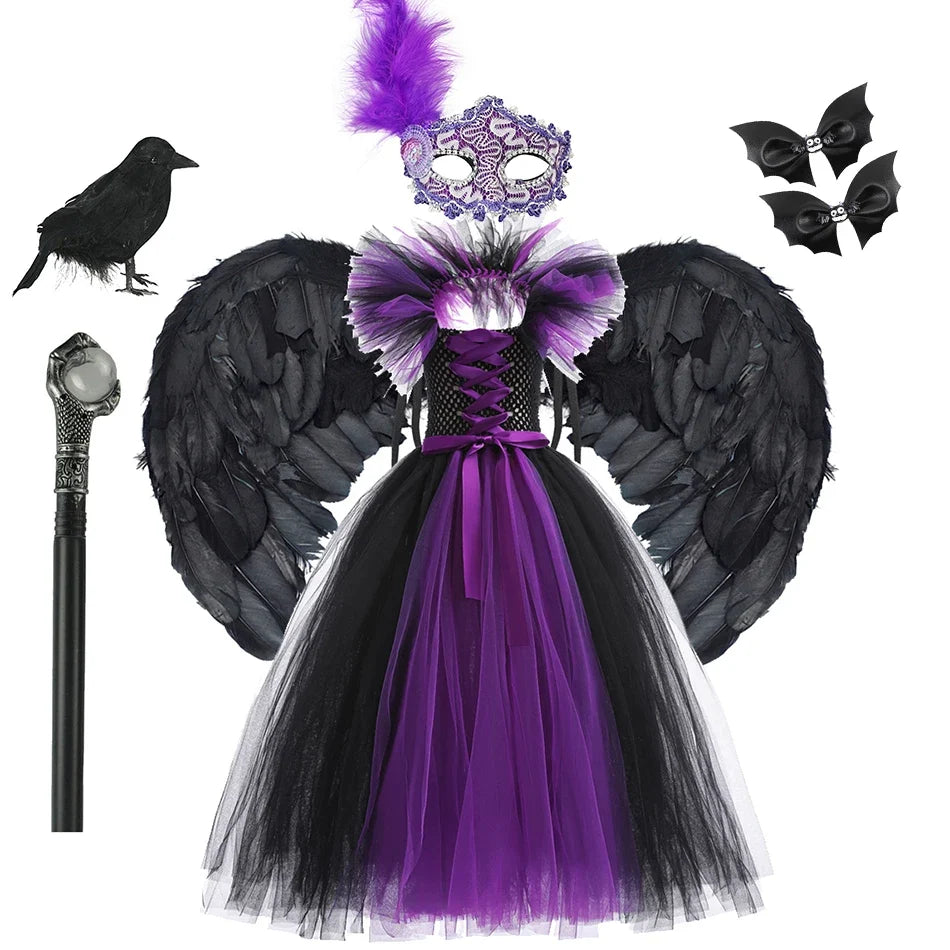 Maleficent Neck Dress Girls Halloween Theme Cosplay Costume Handmade Woven Tulle Dress Evil Role Playing Outfits Luxury Gown