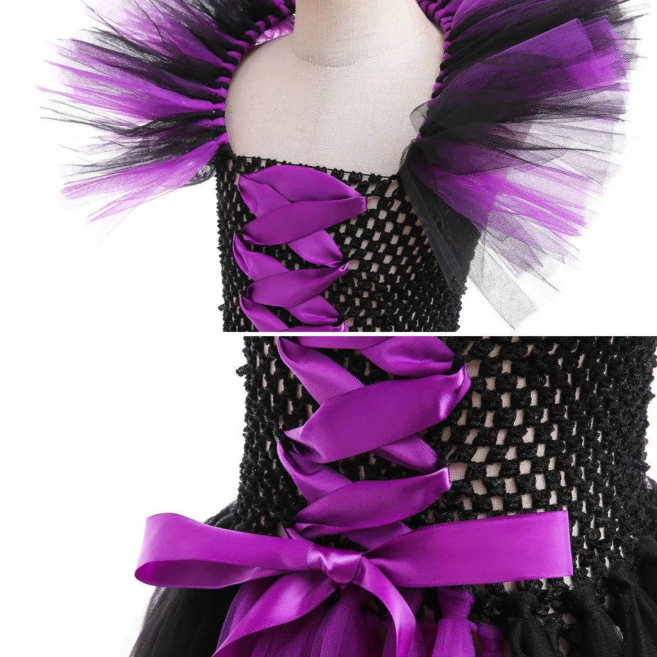 Maleficent Neck Dress Girls Halloween Theme Cosplay Costume Handmade Woven Tulle Dress Evil Role Playing Outfits Luxury Gown