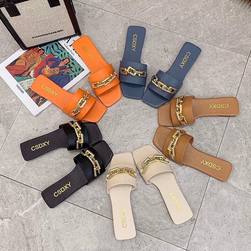 Women Sandals Design Gold Chain Closed Toe Slip On Mules Shoes Flat Heels Square Head Casual Slides Summer Slippers Open Toe Flat Sandals Metal Chain PU Leather Slides Shoes